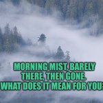 Morning mist, what does it mean to you | MORNING MIST, BARELY THERE, THEN GONE.  WHAT DOES IT MEAN FOR YOU? | image tagged in foggy,mist | made w/ Imgflip meme maker