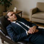 Emmanuel macron lying down on a shrink couch photorealistic