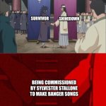 Diamond Eyes of the Tiger (Boom-Lay Boom-Lay Boom) | SURVIVOR; SHINEDOWN; BEING COMMISSIONED BY SYLVESTER STALLONE TO MAKE BANGER SONGS | image tagged in madara and hashirama agreement handshake,memes,music,rock music,anime,sylvester stallone | made w/ Imgflip meme maker
