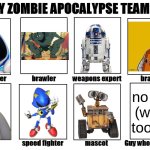 honorable mentions: hatsune miku, bot (team Umizoomi,) mecha Godzilla, sage (sonic,) Optimus prime, cyborg (teen titans) | no one (we're too op) | image tagged in my zombie apocalypse team,no clankers here | made w/ Imgflip meme maker