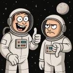 Two astronauts in space on with the thumbs up and another down,