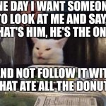 Smudge that darn cat | ONE DAY I WANT SOMEONE TO LOOK AT ME AND SAY, "THAT'S HIM, HE'S THE ONE"; AND NOT FOLLOW IT WITH "THAT ATE ALL THE DONUTS" | image tagged in smudge that darn cat | made w/ Imgflip meme maker