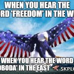 Freedom eagle | WHEN YOU HEAR THE WORD 'FREEDOM' IN THE WEST; WHEN YOU HEAR THE WORD 'SVOBODA' IN THE EAST 🦅🇸🇰🇵🇱🇨🇿🇷🇸 | image tagged in freedom eagle,slavic lives matter | made w/ Imgflip meme maker