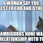 none | A WOMAN SAY YOU: BEST FRIEND AND OTHER; IS AMBIGUOUS NONE WANT A RELATIONSHIP WITH YOU | image tagged in memes,i should buy a boat cat | made w/ Imgflip meme maker