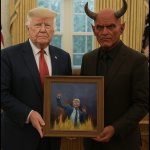 Donald Trump with Lucifer holding painting of hell