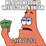 I have $3 | ME AT HOMEGOODS WITH $3 AND A DREAM | image tagged in i have 3 | made w/ Imgflip meme maker