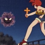Kirbo Be Like | Kirbo; Any Demon | image tagged in misty holding a cross,terminalmontage,kirbo | made w/ Imgflip meme maker