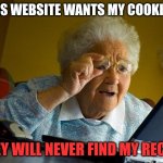NEVER | THIS WEBSITE WANTS MY COOKIES? THEY WILL NEVER FIND MY RECIPE | image tagged in memes,grandma finds the internet | made w/ Imgflip meme maker