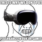 apple vision pro pain | THIS IS WHY WE DON'T PUT; FLASHBANGS IN OUR VR GAMES | image tagged in apple vision pro pain | made w/ Imgflip meme maker