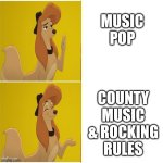 Country Music And Rock And Rule | MUSIC POP; COUNTY MUSIC & ROCKING RULES | image tagged in dixie aka reba mcentire terry's meme,memes,reba mcentire,rock and roll,country music | made w/ Imgflip meme maker