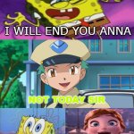 Officer jenny saves anna from evil spongebob | I WILL END YOU ANNA; NOT TODAY SIR; THANK YOU JENNY | image tagged in who saves anne from spongebobs2000,crossover memes,spongebob squarepants,frozen,pokemon,officer jenny | made w/ Imgflip meme maker