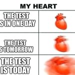 My heart when theres a test in the next few days | THE TEST IS IN ONE DAY; THE TEST IS TOMORROW; THE TEST IS TODAY | image tagged in heart rate | made w/ Imgflip meme maker