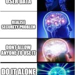 Expanding Brain | DONT ENCRIPT USER DATA; REALISE SECURETY PROBLEM; DONT ALLOW ANYONE TO USE IT; DO IT ALONE
(APPLE) | image tagged in memes,expanding brain | made w/ Imgflip meme maker