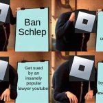 Roblox Schelp drama right now in a nutshell | Ban Schlep; Make up a bunch of Bull crap as to why; Get sued by an insanely popular lawyer youtuber; Get sued by an insanely popular lawyer youtuber | image tagged in memes,gru's plan,banned from roblox,lawsuit | made w/ Imgflip meme maker