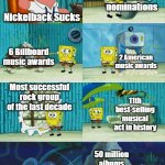 Nickelback is good | 6 Grammy nominations; Nickelback Sucks; 6 Billboard music awards; 2 American music awards; Most successful rock group of the last decade; 11th best-selling musical act in history; 50 million albums sold worldwide | image tagged in spongebob diapers meme,nickelback,music meme,deadpool,rock music | made w/ Imgflip meme maker