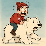 A scared Canadian riding a polar bear