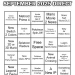 My bingo card for Tomorrow's Direct | SEPTEMBER 2025 DIRECT; Metroid Prime 4; Hyrule Warriors Age of Imprisonment; Mario Kart World DLC; General Mario 40th Anniversary News; Mario Movie 2 News; Switch 2 Edition Stuff; Pokémon Spin-Off; Nintendo Switch/Switch 2 online news; New Switch 2 Colors; Kirby Air Riders News; Splatoon Raiders; Free Space; New Mario Sports Game; Luigi's Mansion 4; New 2D or 3D Mario; New Mario RPG; Pokémon Legends news; General 3D Party Games; New Animal Crossing; Dragon Ball Sparking ZERO or FighterZ Switch 2; New Legend of Zelda; Tomadachi Life Living the Dream; Smaller Switch/Switch 2 Games; A New IP; Something Mii Related | image tagged in blank five by five bingo grid | made w/ Imgflip meme maker