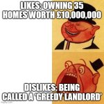 We own 35 homes worth £10,000,000 — but we’re far from the ‘greedy landlord’ stereotype | LIKES: OWNING 35 HOMES WORTH £10,000,000; DISLIKES: BEING CALLED A ‘GREEDY LANDLORD’ | image tagged in porky the capitalist pig likes v dislikes,capitalist and communist,corporate greed,greedy,because capitalism | made w/ Imgflip meme maker