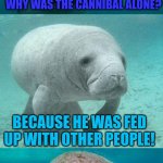 bad pun manatee | WHY WAS THE CANNIBAL ALONE? BECAUSE HE WAS FED UP WITH OTHER PEOPLE! | image tagged in bad pun manatee,jokes,cannibals,fed up | made w/ Imgflip meme maker