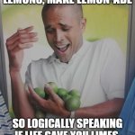 if life gives you limes, make lime-ade | IF LIFE GIVES YOU LEMONS, MAKE LEMON-ADE; SO LOGICALLY SPEAKING IF LIFE GAVE YOU LIMES, YOU SHOULD MAKE LIME-ADE | image tagged in memes,why can't i hold all these limes,make lemonade | made w/ Imgflip meme maker