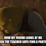 my friend | HOW MY FRIEND LOOKS AT ME WHEN THE TEACHER SAYS FIND A PARTNER | image tagged in gifs,funny,shrek,fun,relatable,memes | made w/ Imgflip video-to-gif maker