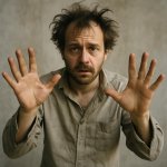 dishevelled looking white man with both hands out facing forward