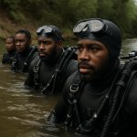 elite scuba team black men faces seen emerging from one side of