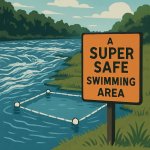 "A SUPER SAFE marked off SWIMMING AREA" on the right of a rapidl