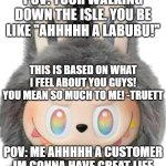 Labubu | POV: YOUR WALKING DOWN THE ISLE. YOU BE LIKE ''AHHHHH A LABUBU!''; THIS IS BASED ON WHAT I FEEL ABOUT YOU GUYS! YOU MEAN SO MUCH TO ME! -TRUETT; POV: ME AHHHHH A CUSTOMER IM GONNA HAVE GREAT LIFE | image tagged in labubu | made w/ Imgflip meme maker