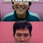 Squid Game | LUNCH IN 7TH GRADE: TRADING CHIPS AND GIGGLING; LUNCH IN 8TH GRADE: POLITICAL DEBATES OVER WHO STOLE YOUR PIZZA SLICE | image tagged in squid game | made w/ Imgflip meme maker