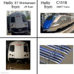 Both trains were trapped in water | C151B; E7 Shinkansen; JR East; SMRT Trains | image tagged in hello person from,train,water | made w/ Imgflip meme maker