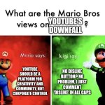 Mario Bros Views | YOUTUBE'S DOWNFALL; YOUTUBE SHOULD BE A PLATFORM FOR CREATIVITY AND COMMUNITY, NOT CORPORATE CONTROL; NO DISLIKE BUTTON? NO PROBLEM, I JUST COMMENT 'DISLIKE' IN ALL CAPS | image tagged in mario bros views | made w/ Imgflip meme maker