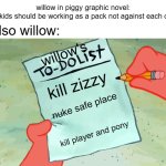 YoU ToOk My FaMiLy AwAy FoRm Me | willow in piggy graphic novel:
 you kids should be working as a pack not against each other; Also willow:; willow's; kill zizzy; nuke safe place; kill player and pony | image tagged in patrick to do list actually blank,piggy | made w/ Imgflip meme maker