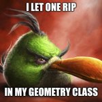 Realistic Angry Bird | I LET ONE RIP; IN MY GEOMETRY CLASS | image tagged in realistic angry bird | made w/ Imgflip meme maker