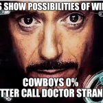 Cowboy Fans with Iornman Helmets | JARVIS SHOW POSSIBILITIES OF WINNING; COWBOYS 0% 
BETTER CALL DOCTOR STRANGE | image tagged in jarvis iron man | made w/ Imgflip meme maker