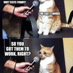 Cat mic | HOW MUCH TIME DID YOU SPEND DEBUGGING THE FAILING UNIT TESTS TODAY? THE LAST 4 HOURS; SO YOU GOT THEM TO WORK, RIGHT? | image tagged in cat mic | made w/ Imgflip meme maker
