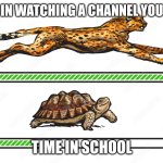 Cheetah and Turtle Comparison | TIME IN WATCHING A CHANNEL YOU LOVE; TIME IN SCHOOL | image tagged in cheetah and turtle comparison | made w/ Imgflip meme maker