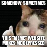 ... | SOMEHOW, SOMETIMES; THIS "MEME" WEBSITE MAKES ME DEPRESSED | image tagged in sad thumbs up cat | made w/ Imgflip meme maker