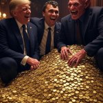 Donald Trump, Charlie Kirk, Satan laughing pile of gold