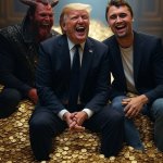 Donald Trump, Charlie Kirk, Satan laughing pile of gold