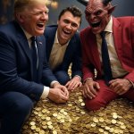 Donald Trump, Charlie Kirk, Satan laughing pile of gold