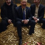 Donald Trump, Charlie Kirk, Satan laughing pile of gold