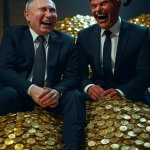 Vladimir Putin Satan laughing on a pile of gold
