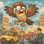 A confused falcon with AirPods in, flying in circles above a cha