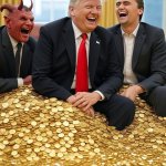 Donald Trump, Charlie Kirk, Satan, laughing pile of gold