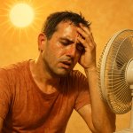 Picture of someone sweating under the sun with an electric fan t