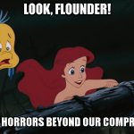 Look, Flounder! | LOOK, FLOUNDER! MAN MADE HORRORS BEYOND OUR COMPREHENSION! | image tagged in the little mermaid,man made horrors | made w/ Imgflip meme maker