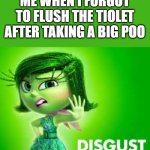 Bro, you can't do that, that's so, DISGUSTING! | ME WHEN I FORGOT TO FLUSH THE TIOLET AFTER TAKING A BIG POO | image tagged in inside out disgust | made w/ Imgflip meme maker
