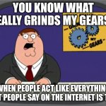 This grinds my gears | YOU KNOW WHAT REALLY GRINDS MY GEARS? WHEN PEOPLE ACT LIKE EVERYTHING THAT PEOPLE SAY ON THE INTERNET IS TRUE | image tagged in you know what really grinds my gears | made w/ Imgflip meme maker