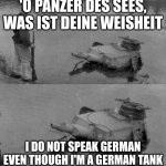 the German does not speak german | 'O PANZER DES SEES, WAS IST DEINE WEISHEIT; I DO NOT SPEAK GERMAN EVEN THOUGH I'M A GERMAN TANK | image tagged in panzer of the lake | made w/ Imgflip meme maker